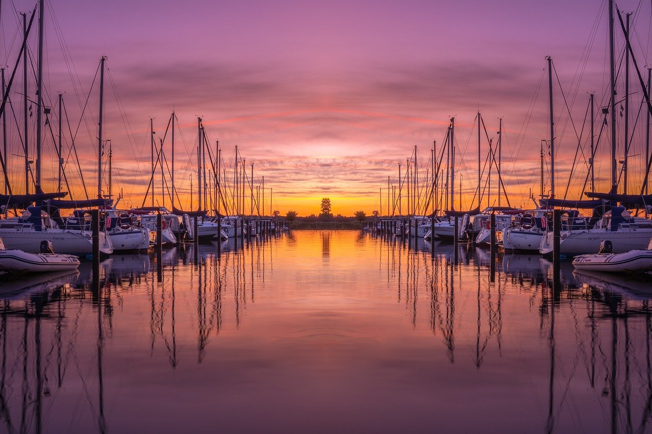 port, boats, sunset